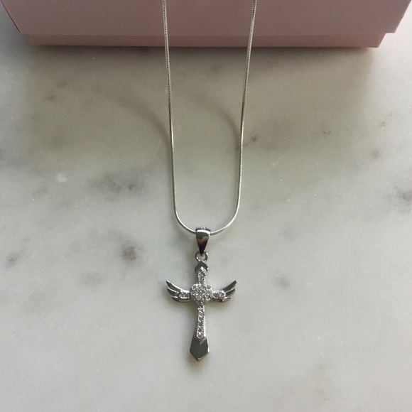 Sterling Silver Cz Cross with Angel Wings Necklace - Picture 8 of 16